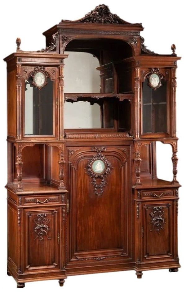 Late 19th Century Monumental French Carved Walnut Cabinet with Wedgwood Plaques