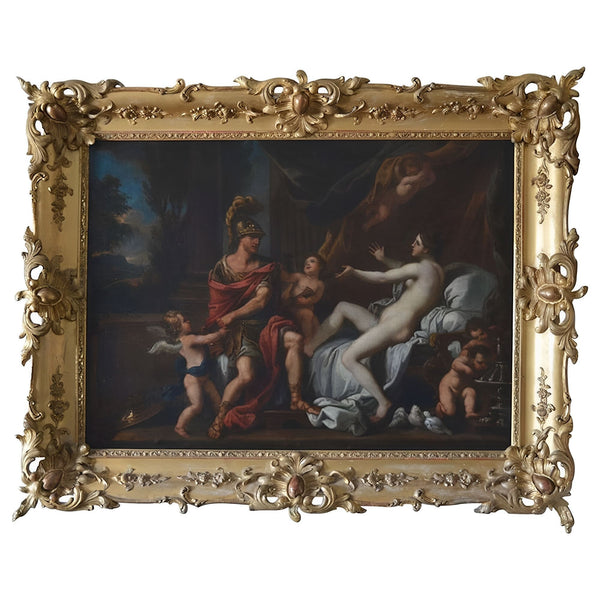 18th C. French School Oil Painting of Mars & Venus w/ Putti in a Giltwood Frame.