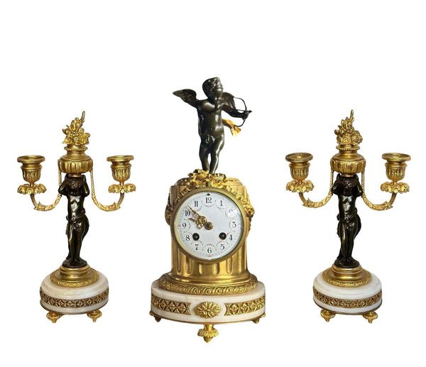 French 19th Century Clock & Candelabra Cherub Set