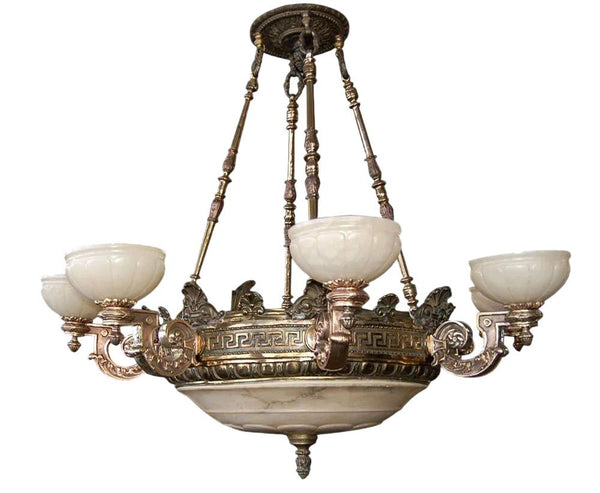 19th C. American Victorian Bronze Eight-Arm Justice Chandelier Alabaster Shades