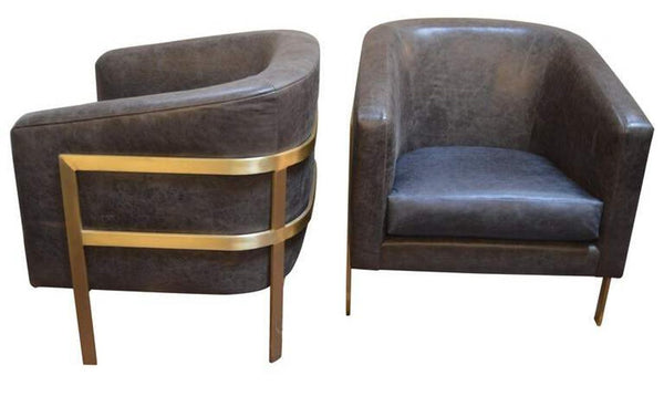 Pair of Distressed Leather Armchairs w/ Brass Frames. Style of Milo Baughman.