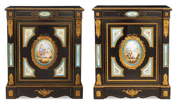 Pair of French Mid-19th C. Napoleon III Sevres-Mounted Ebonized Parlor Cabinets