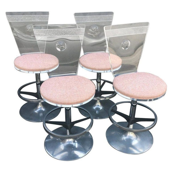 Set of Four Acrylic & Metal Bar Stools with Fabric Cushions. U.S.A. 1980's.