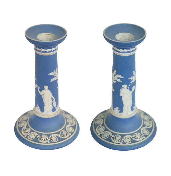 Pair of Light Blue Jasperware Wedgwood Candlesticks, c. 1920's