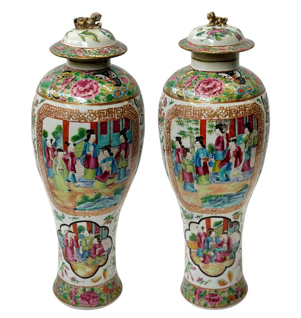 Chinese Pair of Early 19th Century Famille Rose Canton Lidded Vases