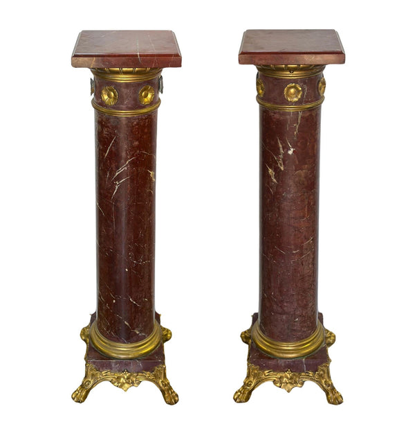 Pair of French Rouge Griotte Marble & D'ore Bronze Pedestals
