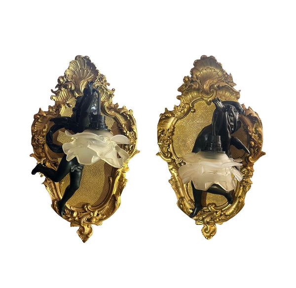 Pair of French 19th Century Gilt Bronze Cherub Sconces in the Manner of François Linke