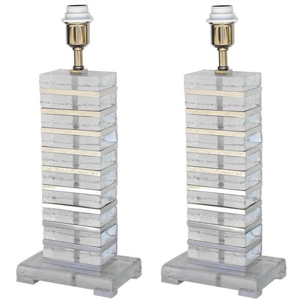 Pair of Italian Clear Murano Glass Blocks Table Lamps with Chrome Details, 1990s
