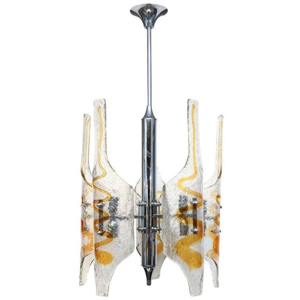 Italian Tubular Clear & Amber Murano Glass Chandelier Designed by Mazzega, 1970s