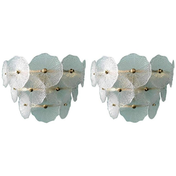 Pair of Clear Round Petal Murano Glass & Polished Brass Sconces, Italy, 1980's.