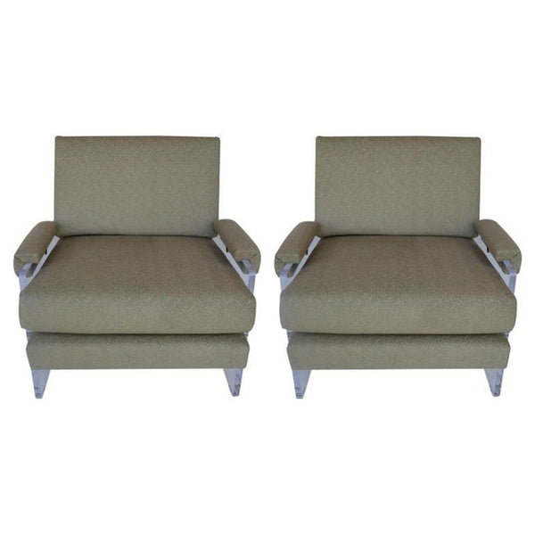 Pair of Lucite Armchairs with Brass Hardware and New Upholstery. U.S.A. 1980's.