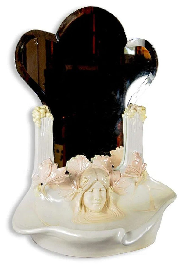19th Century French Art Nouveau Majolica Mirror and Basin with Female Bust.
