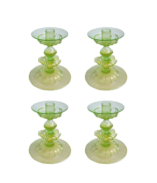 Set of Four Italian Green Murano Glass Candlesticks w/Gold Flecks