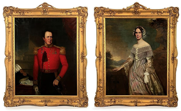 Two 19th Century Portraits of a British Officer & Lady in Gilt Frames, England.