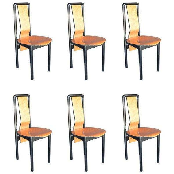 Set of Six Pierre Cardin Dining Chairs in Pecan & Ebonized Maple. U.S.A. 1970's