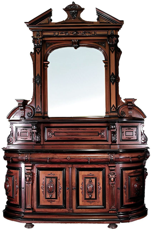 Antique American Renaissance Walnut Sideboard with Lacquer & Mirror, c. 1870.