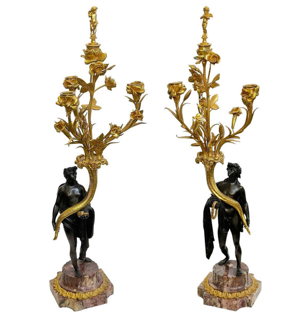 Pair of French 19th Century Gilt Bronze Candelabras with Marble Base