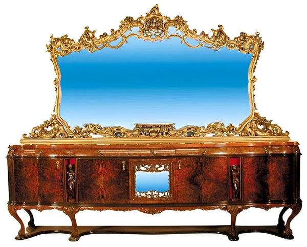 Rococo Sideboard with Gilded Mirror and Carved Figures. Italy, 1920's.