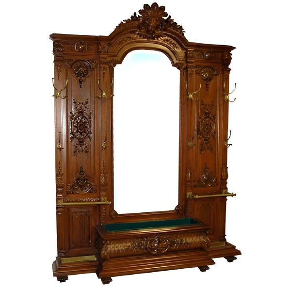 Mid-19th c. French Oak Hall Tree with Mirror & Elegantly Hand Carved Details