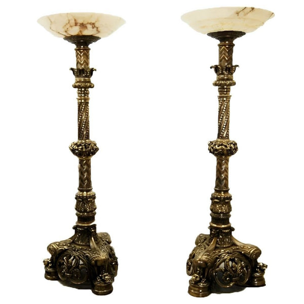 Pair of Late 19th Century Gothic Revival Bronze Torcheres with Alabaster Shades