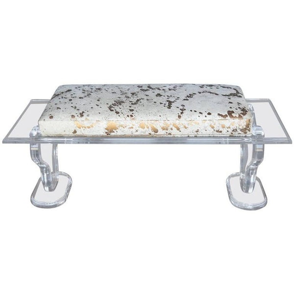 Lucite Bench with Gold Splatter Cowhide Upholstery, U.S.A. 1980's.