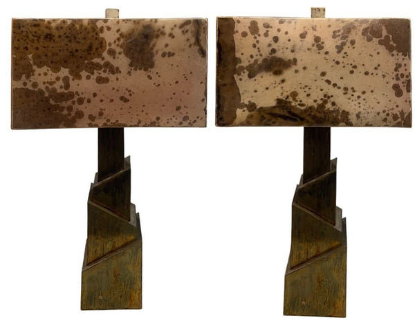 Pair of Brutalist Table Lamps with Tortoise Brass Base and Parchment Tan Shades.