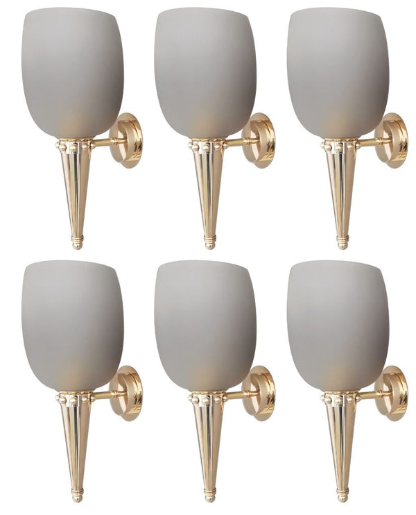 Set of Six Torch Sconces by Barovier e Toso – Gray Murano Glass & Brass, 1950's.