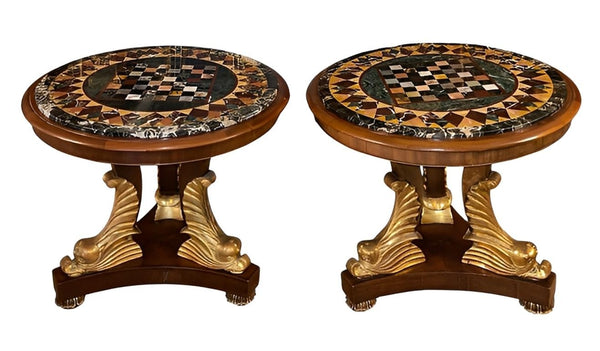 Pair Italian Early 20th C. Pietra Dura Chess Tables with Mahogany and Gilt Bases