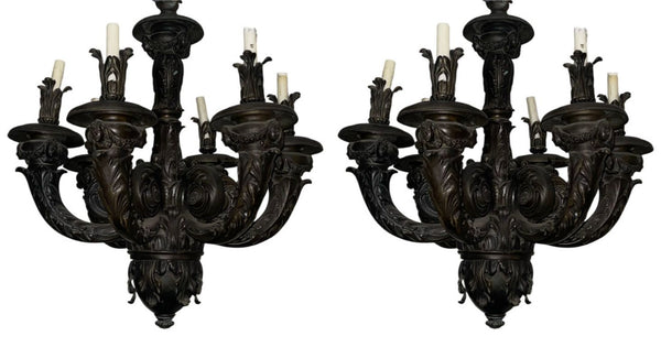 Pair of Monumental French Neoclassical Bronze Chandeliers, Late 19th Century.