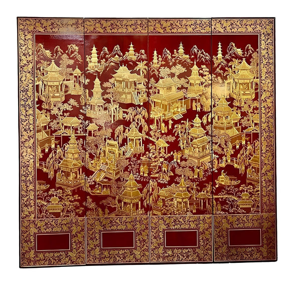 Robert Crowder Four-Panel Chinoiserie Screen with Gold Leaf on Red Background.