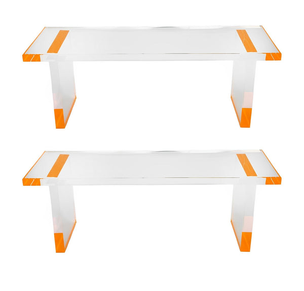 Pair of Modern Lucite Bench w/ Fluorescent Orange Details by Pegaso Gallery