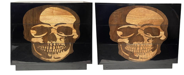Pair of Early 21st C. Black Commodes with Inlaid Skull Design and Resin Finish