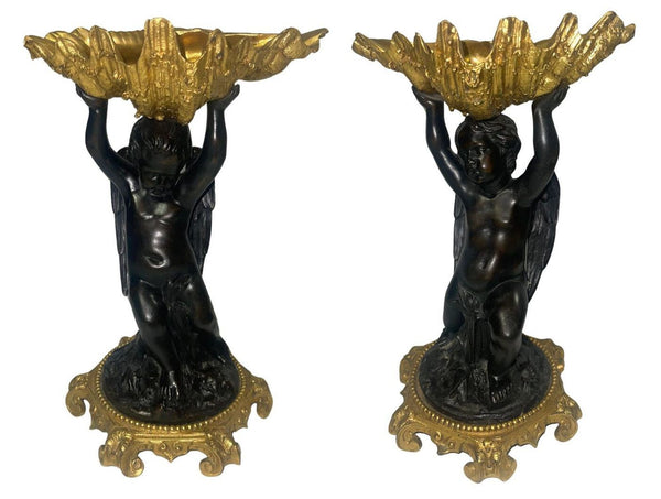 Pair of 19th C. Gilt Bronze Garnitures with Shell-Form Bowls Supported by Angels