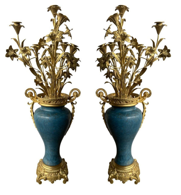Pair 19th C. French Bronze Candelabra Carved Blue Stone with Gilt Floral Bouquet