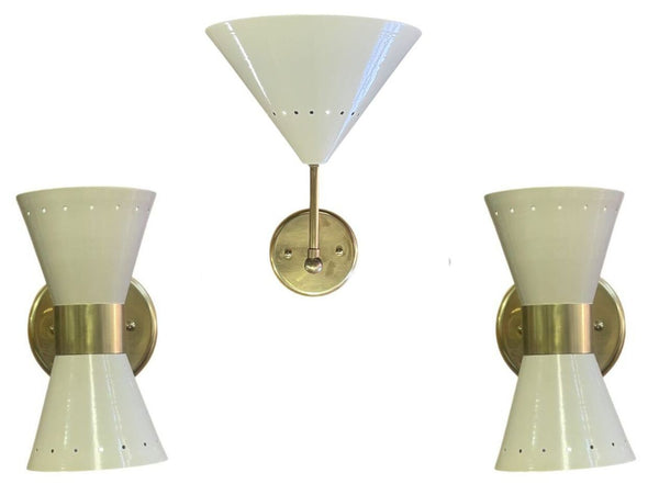 Pair Italian Sconces w Enameled Shades & Matching Pendant in Style of Stilnovo