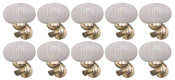 Set of Ten White Ribbed Bowl Murano Sconces by Barovier e Toso. Italy, 1950's