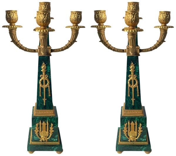 Pair of Early 20th C. French Malachite Candelabras with Gilt Bronze Details.