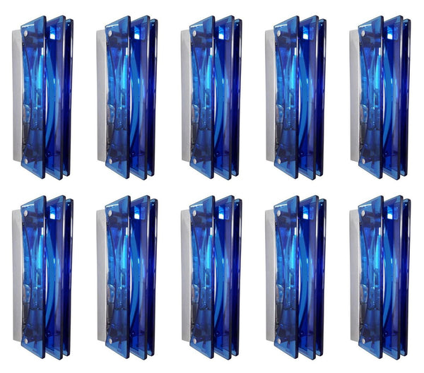 Set of Ten Sconces w/ Beveled Cobalt Blue Glass Designed by Veca. Italy, 1960's.