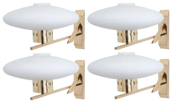 Set of Four Mid-Century Opaline Disk Glass Sconces on Brass Frame. Italy, 1960's