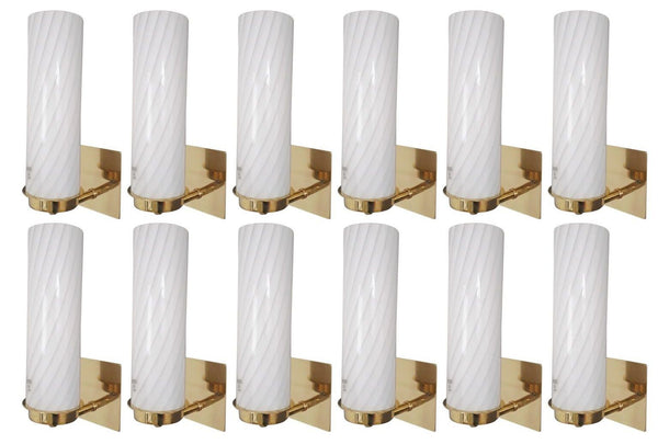 Set of Twelve Milky White "Murano Vetri 04" Cylinder Sconces. Italy, 1960's.