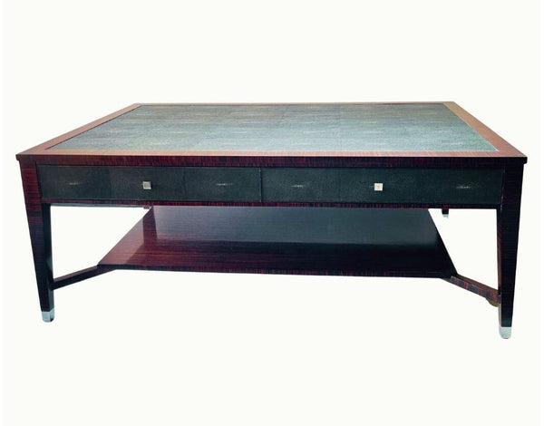 Art Deco Style Macassar Wood & Shagreen Coffee Table w/ Nickel. Italy, 1970's.