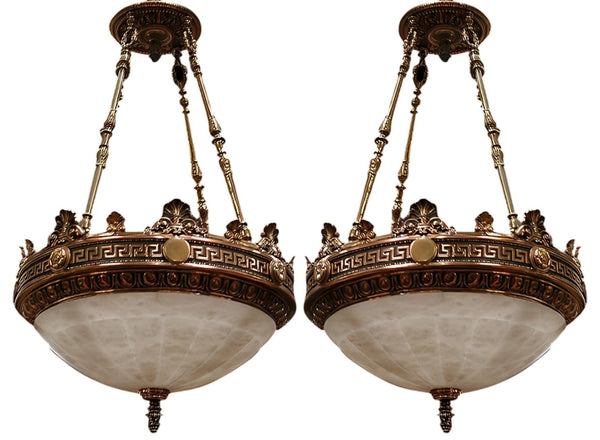 Pair of Justice Chandelier – Early 20th C. Beaux-Arts Bronze & Alabaster Fixture
