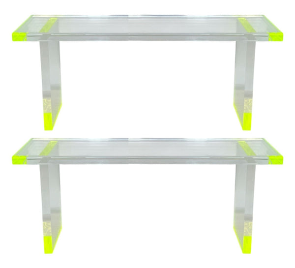 Pair Modern Lucite Benches by Pegaso Gallery Design, Fluorescent Green Details.