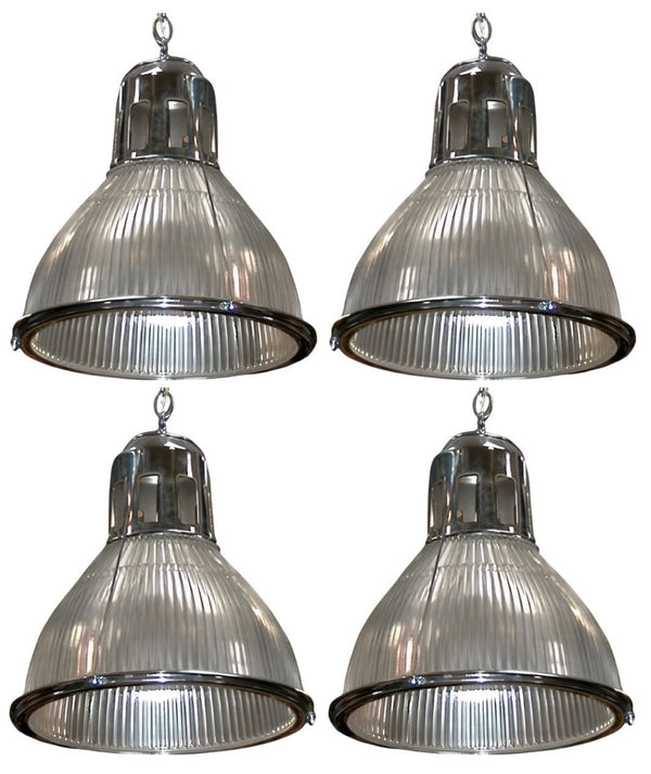 Set of Four Original Holophane Nickel & Glass Pendant Lights, U.S.A. c. 1920s