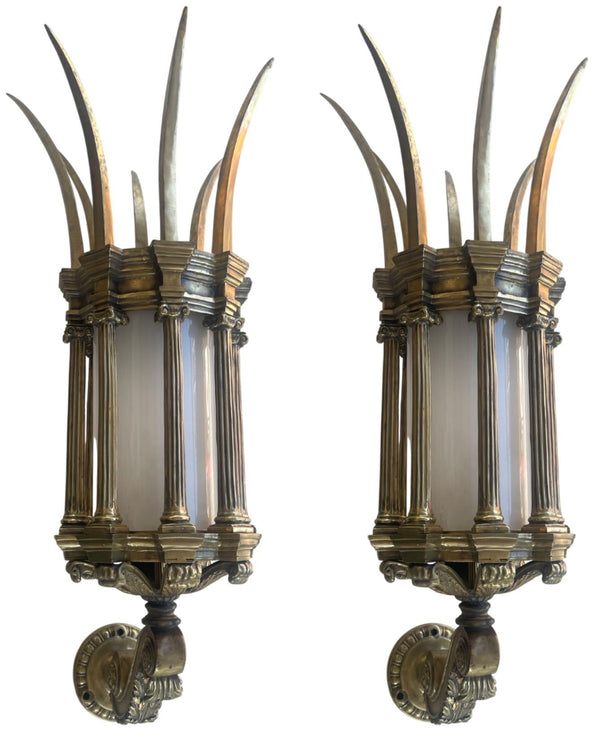 Pair Early 20th Century American Victorian Bronze Spiked Lantern Sconces w Glass