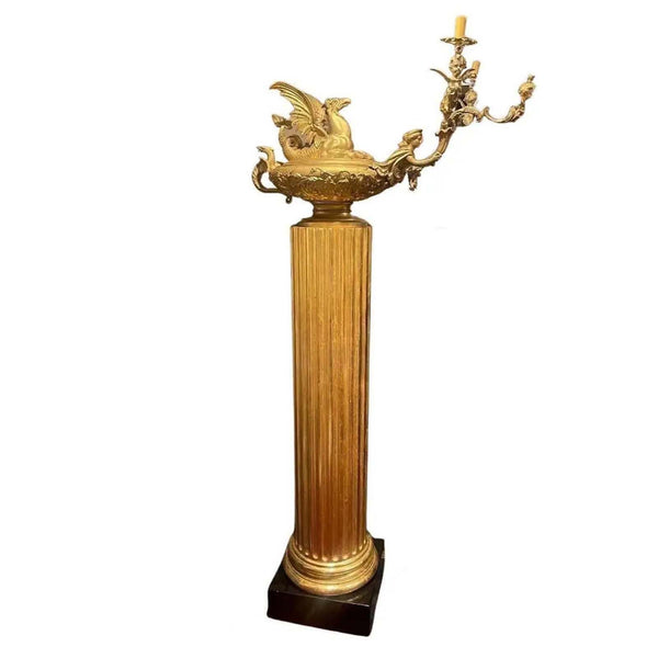 Italian 19th Century Wood Pedestal with Bronze Candelabra of Cherubs and Wyvern