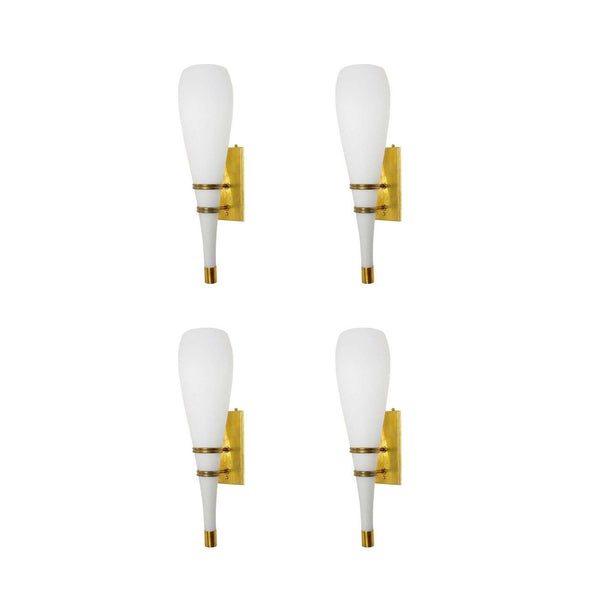 Set of Four Italian White Frosted Murano Glass Torch Sconces & Brass. 1960's.