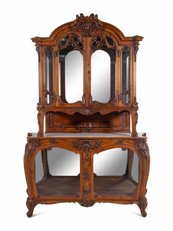 Louis XV Style Walnut Buffet Deux Corps with Mirrored Back, France, Mid-19th C.