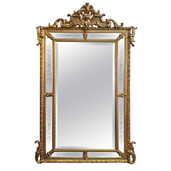 French Louis XV Style Hand-Carved Gilt Mirror w/ Etched Glass, Late 19th Century
