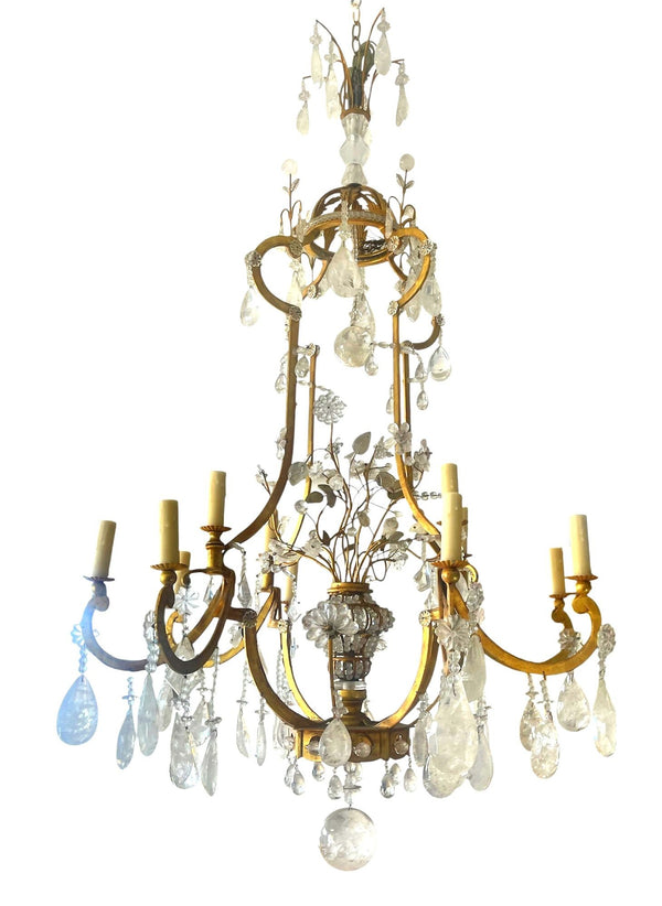Large Early 20th Century Italian Rock Crystal and Gilt Metal Chandelier